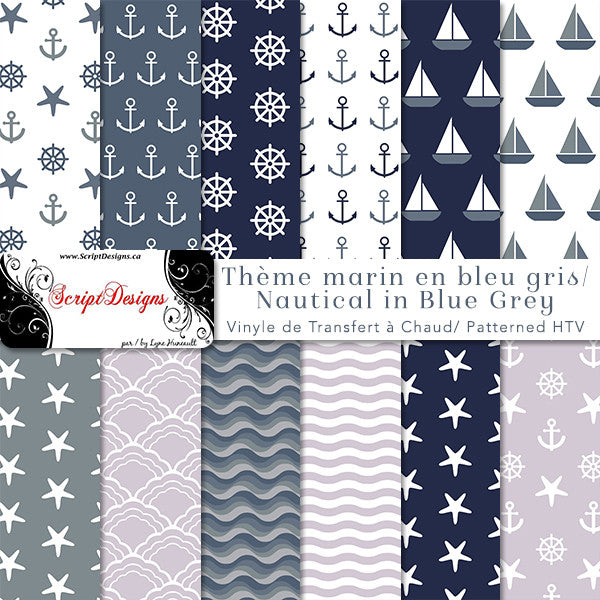 Nautical Blue Grey - HTV à motifs (12 modèles différents disponibles)
