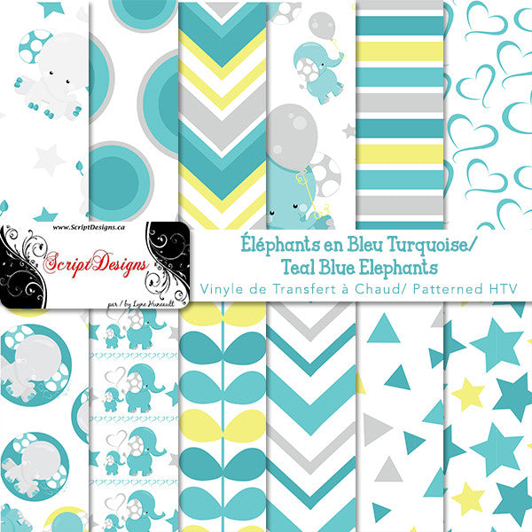 Teal Blue Elephants - Patterned HTV (12 Different designs available)