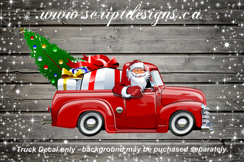 Autocollant adhésif camion rouge sapin de Noël avec Père Noël et cadeaux