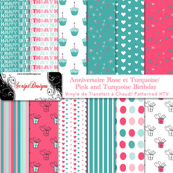 Anniversaire rose et turquoise - HTV à motifs (12 modèles différents disponibles)